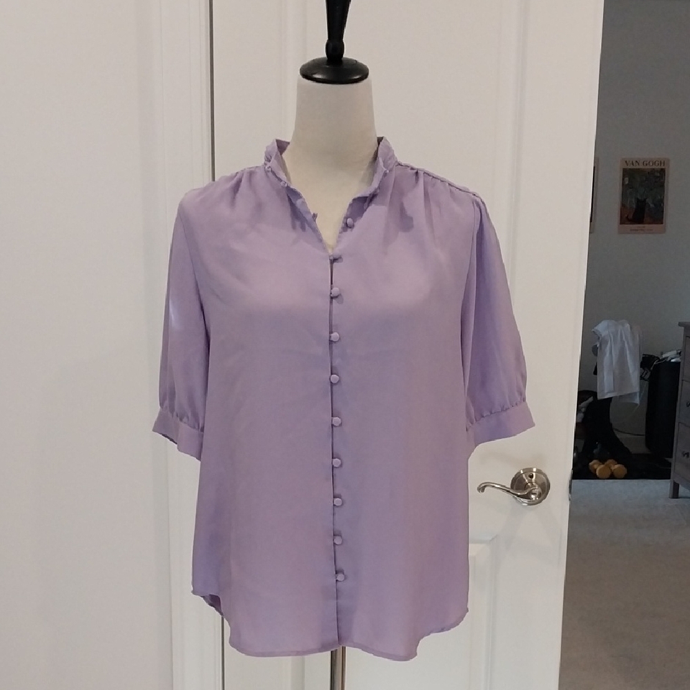 Ann Taylor Lavender Ruffle-Trim Button Blouse